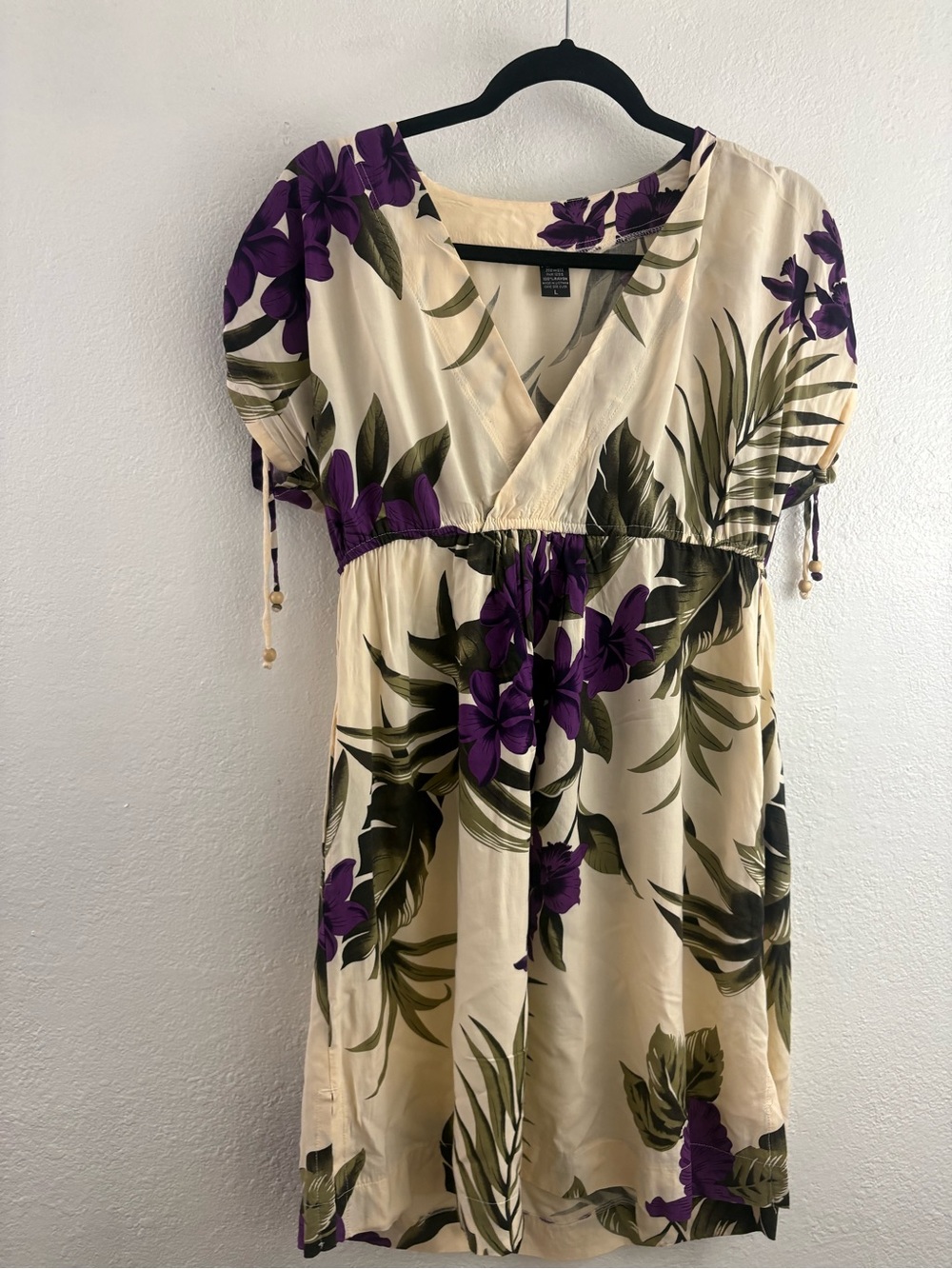 Favant Hawaii cream dress featuring a purple and green tropical floral print L